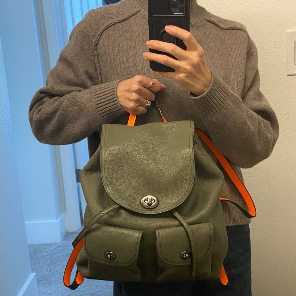 COACH Backpack in Army Green and Neon Orange - Picture 2 of 16
